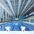 Spacious Indoor Swimming Pool With Lap Lanes And Blue Seating Area 3d model