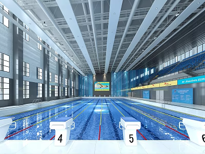 Spacious Indoor Swimming Pool With Lap Lanes And Blue Seating Area 3d model