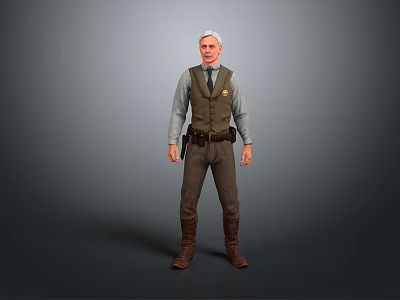 Male Character in Standing Pose Wearing Gray Vest Blue Shirt Brown Pants Brown Boots 3d model