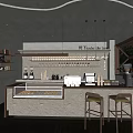 Industrial Cafe Interior With Concrete Walls Wooden Counter Pastry Display And Hanging Lights