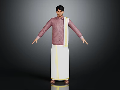 Traditional Men's Pink Long Sleeve Outfit With White Lungi And Yellow Border Sash 3d model