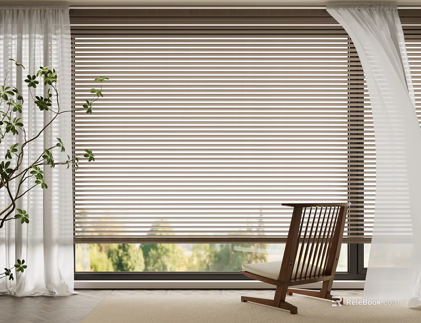 Elegant Neutral Toned Window Blinds Interior With Natural Light Green Plant And Sheer Curtains 3d model 