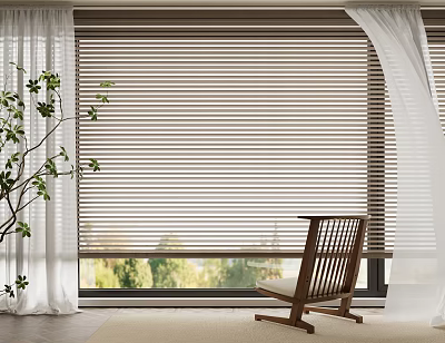 Elegant Neutral Toned Window Blinds Interior With Natural Light Green Plant And Sheer Curtains 3d model