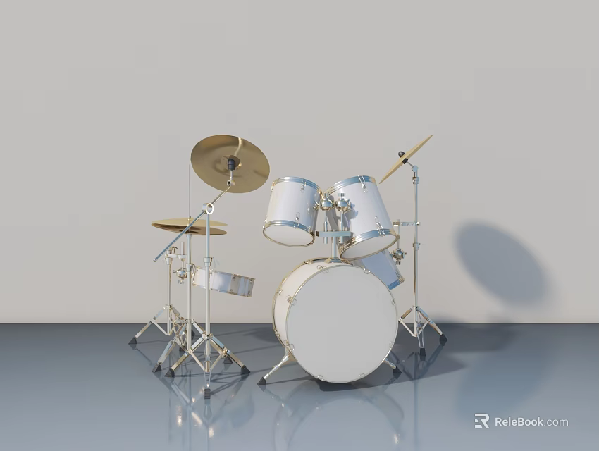 White And Gold Drum Set With Multiple Drums Cymbals On Gray Floor Light Gray Wall 3d model 