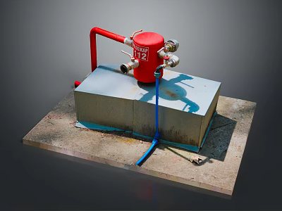 Red Industrial Valve Device On Gray Concrete Base With Red Pipes And Fittings 3d model