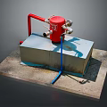 Red Industrial Valve Device On Gray Concrete Base With Red Pipes And Fittings
