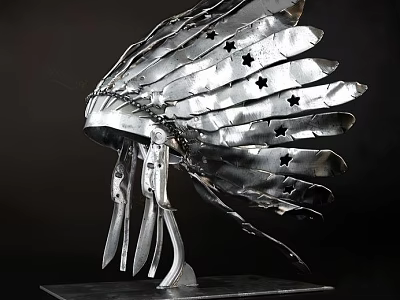 Artistic Metal Feather Shaped Headdress Sculpture With Star Decorations And Base 3d model