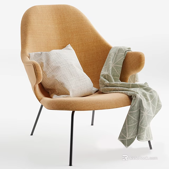 Modern Orange Accent Chair With Light Gray Pillow Green Geometric Blanket And Black Metal Legs 3d model 