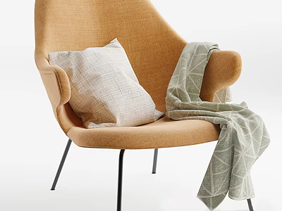 Modern Orange Accent Chair With Light Gray Pillow Green Geometric Blanket And Black Metal Legs 3d model