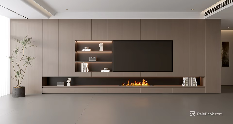 Modern Wooden TV Wall Design with Built-in Fireplace Flames Integrated Lighting Bookshelves and Storage Cabinets 3d model 