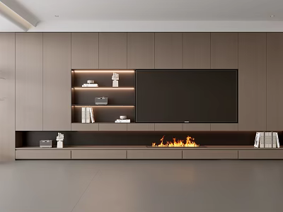Modern Wooden TV Wall Design with Built-in Fireplace Flames Integrated Lighting Bookshelves and Storage Cabinets 3d model