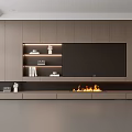 Modern Wooden TV Wall Design with Built-in Fireplace Flames Integrated Lighting Bookshelves and Storage Cabinets
