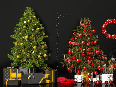 Festive Christmas Decorative Ornament Set With Decorated Trees Gift Boxes String Lights And Wreath 3d model