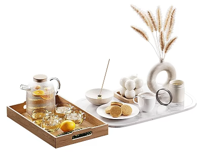 Elegant Tableware Set with Wooden Tray Glass Pitcher Lemon Slices White Cups Cookies Dried Grass 3d model