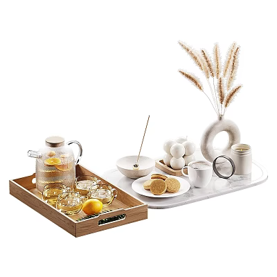 Elegant Tableware Set with Wooden Tray Glass Pitcher Lemon Slices White Cups Cookies Dried Grass 3d model