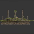 Ancient Stone Platform Ruins Featuring Weathered Columns Overgrown Plants And Lush Moss