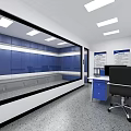 Monitoring Room Interior With Blue Striped Walls Control Desk And Black Chair