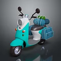 Turquoise Vintage Scooter Featuring Front Headlight Rear Storage Boxes And Green Luggage Bags