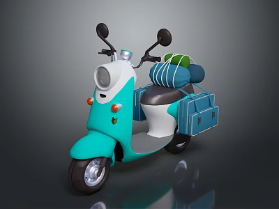 Turquoise Vintage Scooter Featuring Front Headlight Rear Storage Boxes And Green Luggage Bags 3d model
