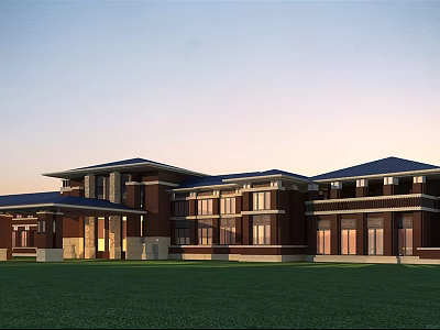 Modern Building Exterior With Brown Walls Blue Roof And Green Lawn At Sunset 3d model