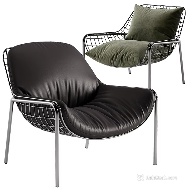 Modern Accent Chair With Leather Upholstery And Metal Wire Frame Design 3d model 