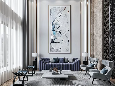 Modern Living Room Blue Sofa Coffee Table Set With Gray Armchairs And Wall Art 3d model