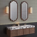 Elegant Bathroom Vanity With Double Mirrors Blinds Wall Sconces Marble Countertop And Wooden Cabinet