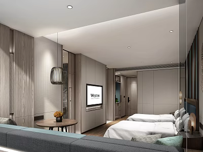 Modern Hotel Guest Room Interior Design With Two Beds TV Seating Area And Wooden Decor 3d model