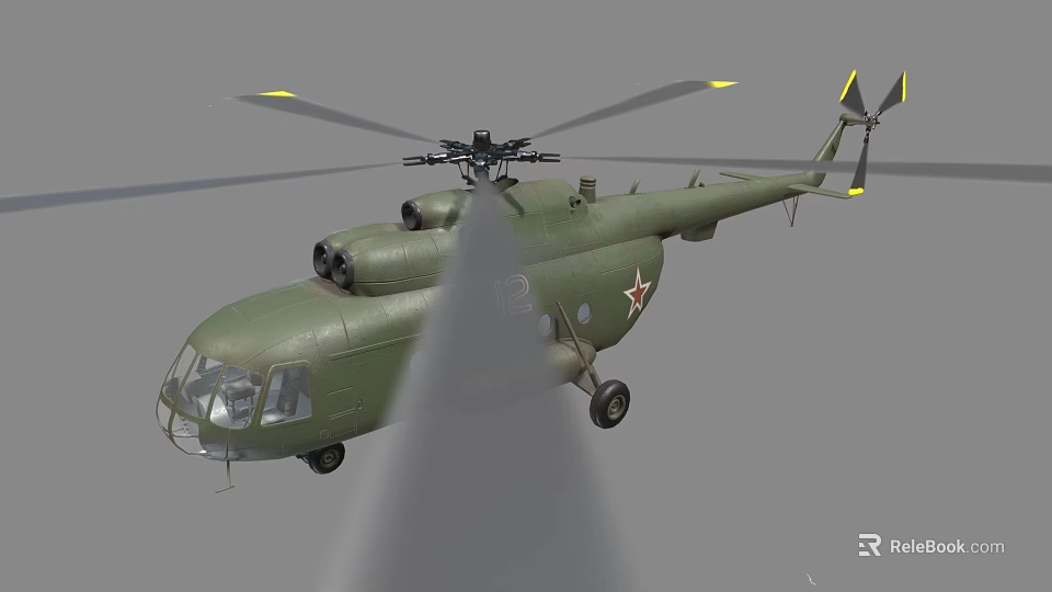 Green Military Helicopter With Twin Rotor And Red Star Emblem Design 3d model 