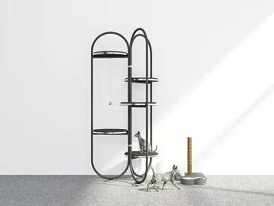 Minimalist Modern Black Curved Shelf With Decorative Sculptures And Cylindrical Object 3d model