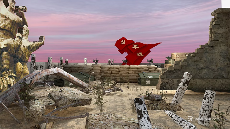 Military Culture Museum Display With Red Military Flag Sandbags And Battlefield Elements 3d model 
