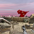 Military Culture Museum Display With Red Military Flag Sandbags And Battlefield Elements