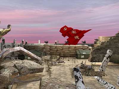 Military Culture Museum Display With Red Military Flag Sandbags And Battlefield Elements 3d model