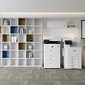 Multicolored Open Shelf Bookcase With Books Decor In Modern Office Space With White Filing Cabinets