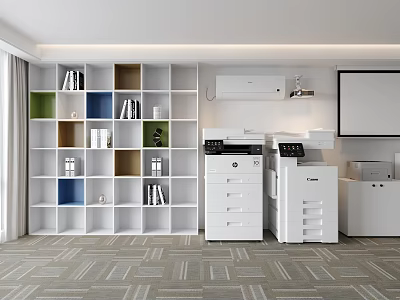 Multicolored Open Shelf Bookcase With Books Decor In Modern Office Space With White Filing Cabinets 3d model