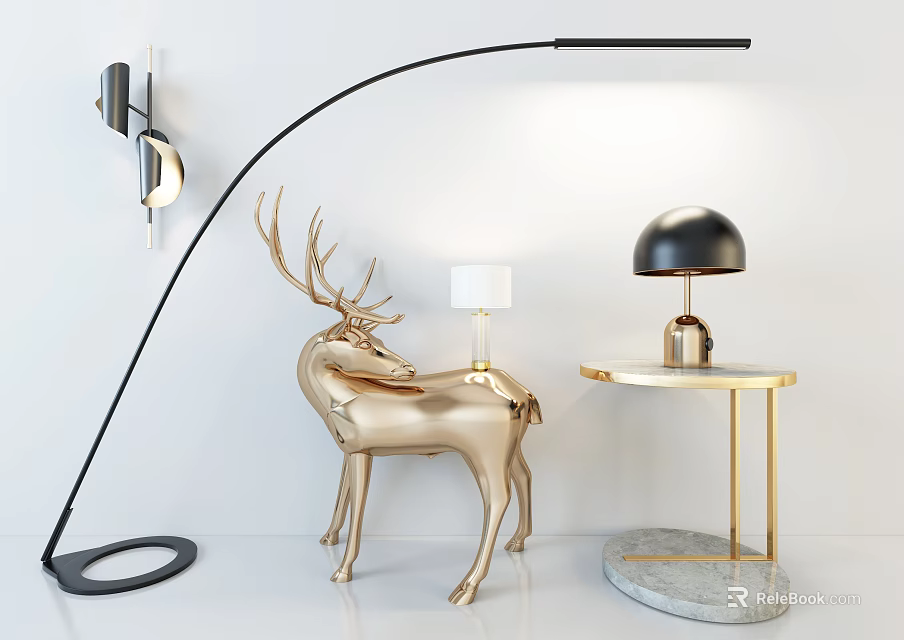 Modern Lighting Combination With Arc Floor Lamp Table Lamp Wall Lamp And Golden Deer Sculpture 3d model 