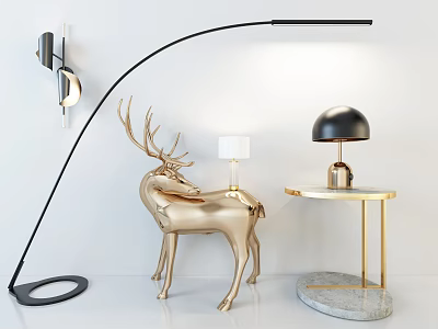 Modern Lighting Combination With Arc Floor Lamp Table Lamp Wall Lamp And Golden Deer Sculpture 3d model