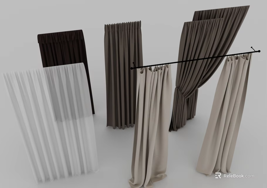 Stylish Curtains In Light And Dark Colors Hanging On Rod With Various Styles 3d model 