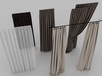 Stylish Curtains In Light And Dark Colors Hanging On Rod With Various Styles 3d model