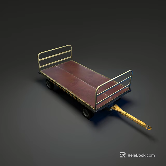 Utility Trailer With Wooden Bed Metal Railings Yellow Hitch And Black Wheels 3d model 