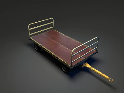 Utility Trailer With Wooden Bed Metal Railings Yellow Hitch And Black Wheels 3d model