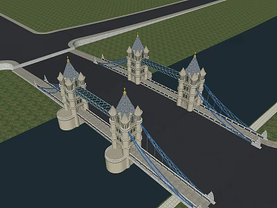 Scenic Landscape Bridge With Tower Structures Blue Suspension Cables Over River And Road 3d model