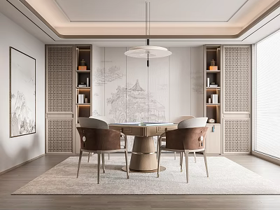 Elegant Modern Hotel Mahjong Room With Round Table Comfortable Chairs Bookshelves And Decorative Painting 3d model