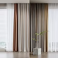 Sheer White And Brown Gray Curtains For Window With View And Potted Plant On Sill