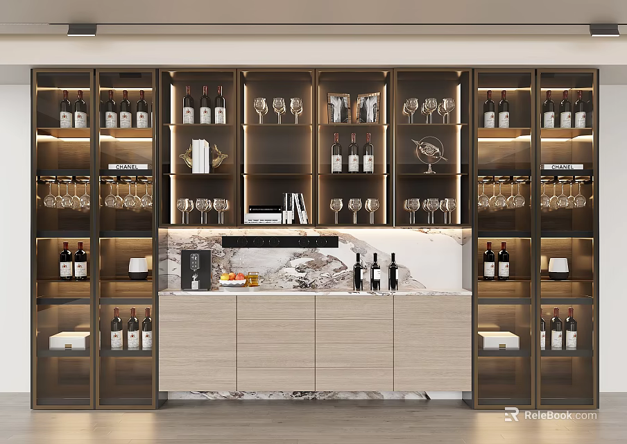Modern Wine Cabinet With Glass Doors Wine Bottles Wine Glasses And Marble Countertop 3d model 