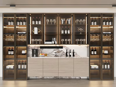 Modern Wine Cabinet With Glass Doors Wine Bottles Wine Glasses And Marble Countertop 3d model