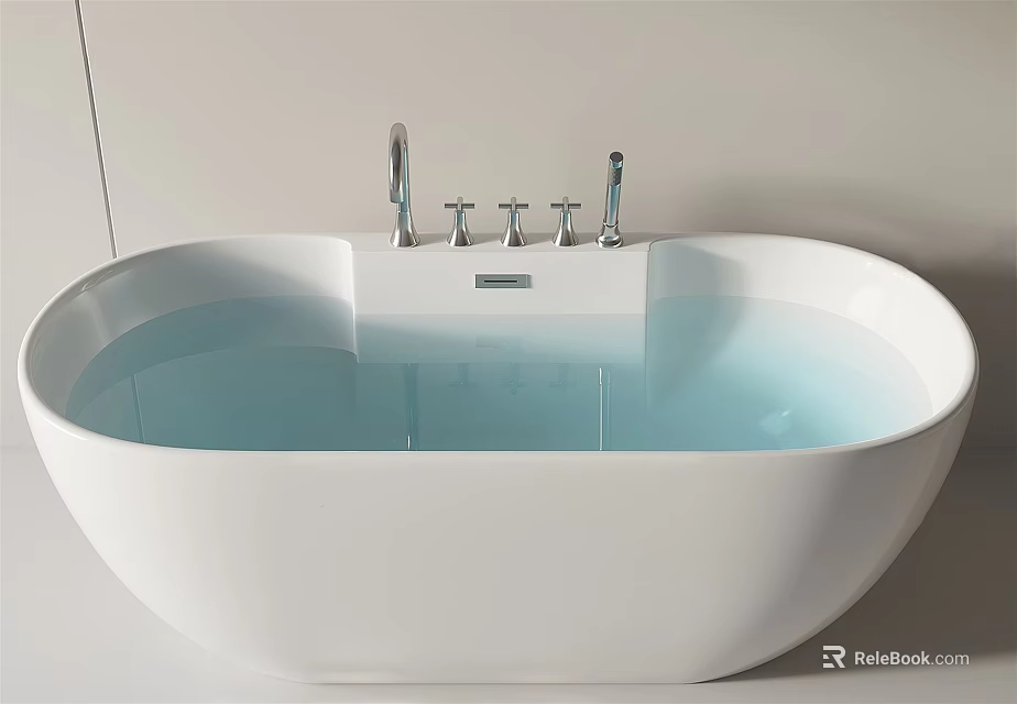 Sleek Modern White Oval Freestanding Bathtub With Chrome Faucet Handles And Water 3d model 