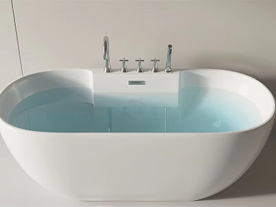 Sleek Modern White Oval Freestanding Bathtub With Chrome Faucet Handles And Water 3d model