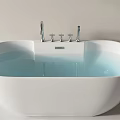 Sleek Modern White Oval Freestanding Bathtub With Chrome Faucet Handles And Water