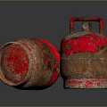 Rusty Red Gas Cylinders With Peeling Paint Rusted Surfaces Standing Lying On Dark Background